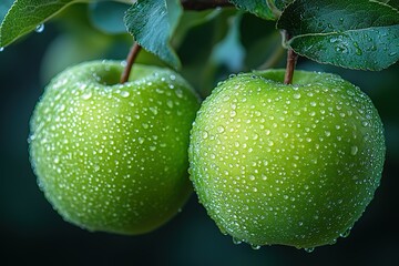 Obraz premium Two juicy green apples glistening with dew drops, hanging fresh from the tree.