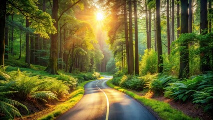 Obraz premium Sunbeams illuminate the winding path through the forest, creating a picturesque scene of nature's beauty.