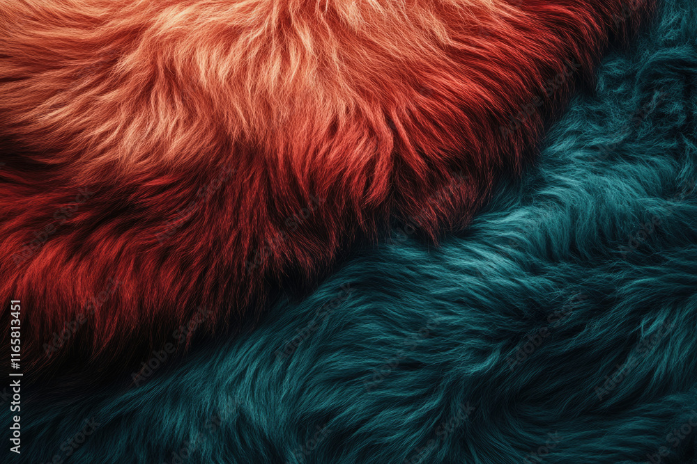 Poster abstract image of two-toned fur, a blend of deep red and teal, creating a textured and vibrant visua
