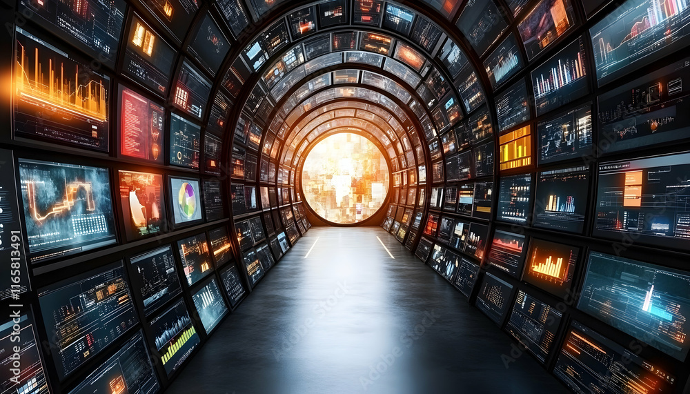 Poster futuristic data center tunnel with numerous screens displaying graphs, charts, and code. a bright ci