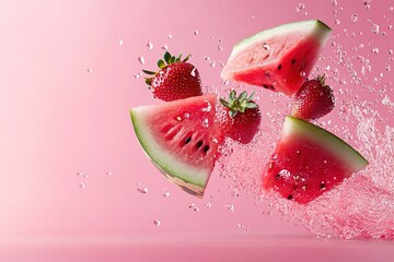 Refreshing watermelon and strawberries splashing in water.