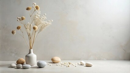 Dried Floral Arrangement in White Vase with Smooth Stones and Scattered White Flowers on a Neutral Background