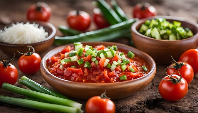 Hot salsa tomato with spring onion and red pepper on wood plate with garnish
