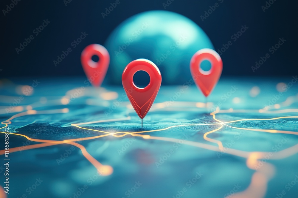 Poster three red location markers on a digital map, with a blurred globe in the background. represents glob