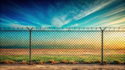 Fototapeta premium A Chain Link Fence with Barbed Wire Divides a Field of Green Grass and a Foggy Sunset Sky