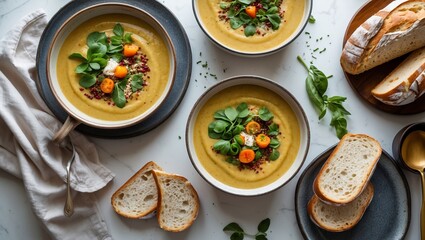 Creamy vegan soups and bread on white table