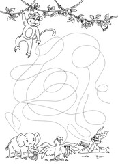 Cute cartoon hand drawn vector monkey find banana maze coloring page.