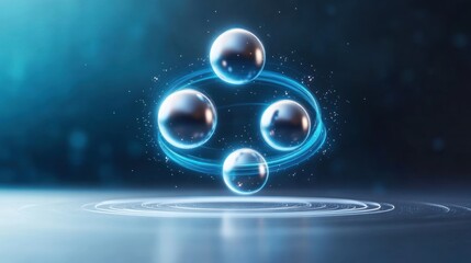 Abstract representation of atoms with glowing orbits and spheres.