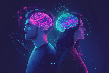A digital illustration of a man and a woman standing side by side, each with their brains visible in a semi-transparent style.
