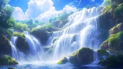 Fototapeta premium A majestic waterfall cascades down moss-covered rocks