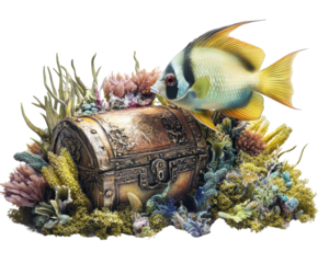 Colorful fish swimming near an ornate treasure chest amidst vibrant coral.