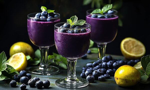 Blue berry smoothie in martini glasses surrounded by blue berries on a table