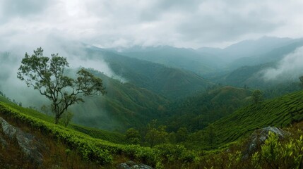 Naklejka premium A scenic view of the Indian countryside, featuring lush green tea plantations in Munnar, Kerala, with mist-covered hills in the background