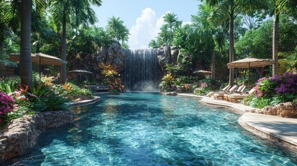 Naklejka premium Lush Jungle Oasis: A hidden tropical waterfall cascading into a crystal-clear lagoon, surrounded by exotic, oversized plants and vibrant flowers