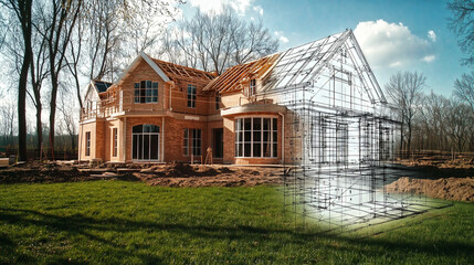 Fototapeta premium House design visualization showing construction progress over blueprint drawing