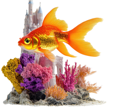 Colorful goldfish swimming among vibrant coral and castle on white isolate background.