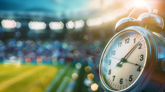 Stopwatch Marking Sports Record with Blurred Stadium, Connoting Achievement and Speed, with Room for Text