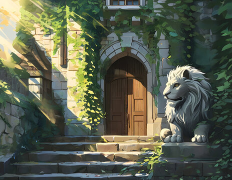 Stone Lion Guardian at a Castle Entrance