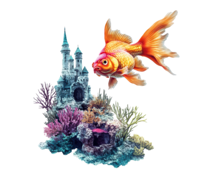 Colorful goldfish swimming near an underwater castle and vibrant coral reef.