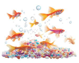 Naklejka premium Colorful goldfish swimming playfully in bubbles with cheerful colorful pebbles.