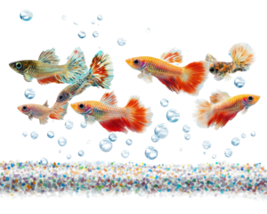 Colorful guppy fish swimming in water with bubbles, white isolate background.