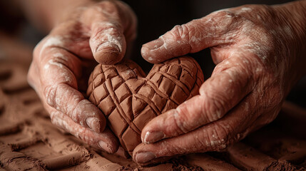 Hands shaping clay heart sculpture, showcasing artistry and passion