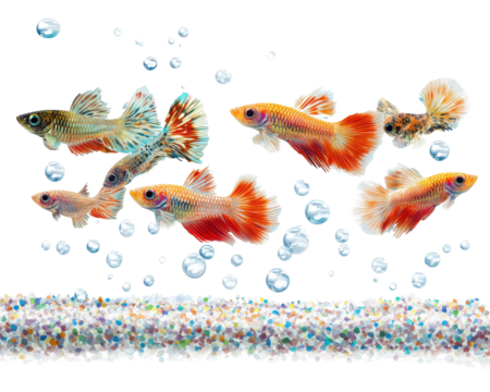 Colorful guppy fish swimming in water with bubbles, white isolate background.