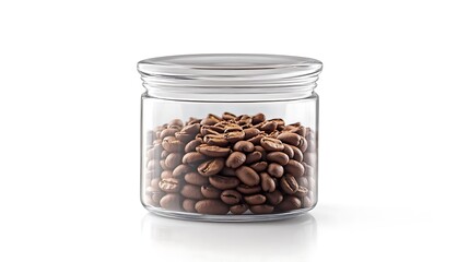 Jar of coffee beans with a silver lid on white background.