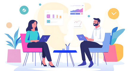  Two professionals discussing shortcuts to improve efficiency, surrounded by graphs 