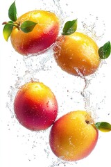 Set of fresh mango fruits with splashing juice and leaves, cut out