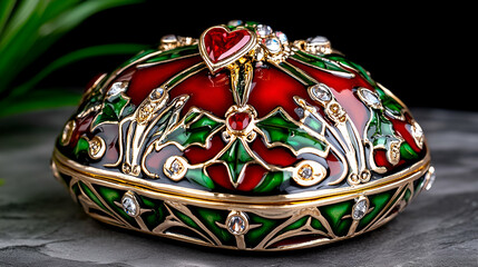 A beautifully crafted decorative box adorned with intricate red and green designs, featuring a heart-shaped centerpiece and sparkling accents.