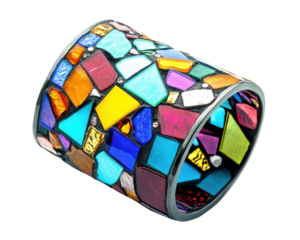 Colorful mosaic pattern on a decorative surface, white isolated background.