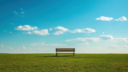 Serene Bench in a Verdant Meadow Under a Blue Sky