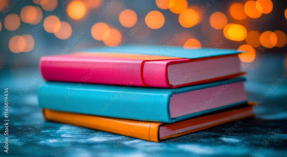 Poster colorful stack of books with soft bokeh lights in the background during evening