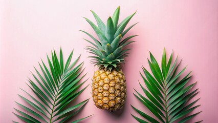 A tropical pineapple with palm fronds on a pink background. The pineapple is ripe and juicy, and the palm fronds are lush and green.