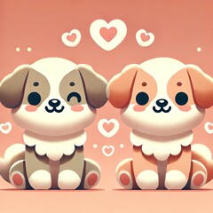 Two cute, stylized dogs with soft fur, sitting together contentedly with gentle smiles on their faces