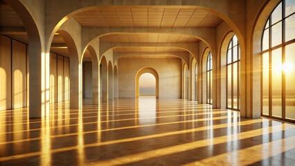 Obraz premium Golden Light Streaks Across The Polished Floor of an Arched Hallway with Views of a Distant Horizon