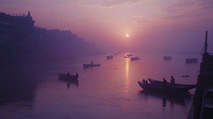 A serene image of Varanasi's ghats during sunrise, with boats floating on the Ganges River and people performing rituals by the water