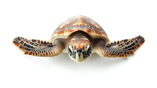A close-up of a sea turtle on white background.