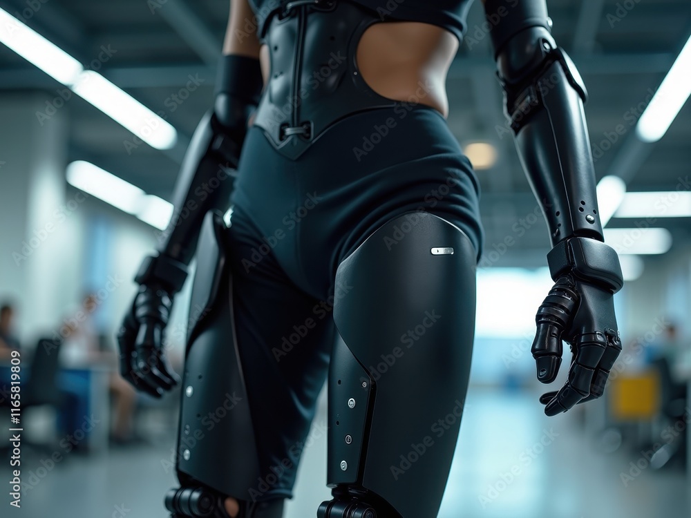 Poster futuristic humanoid robot in a modern workspace showcasing advanced technology and design