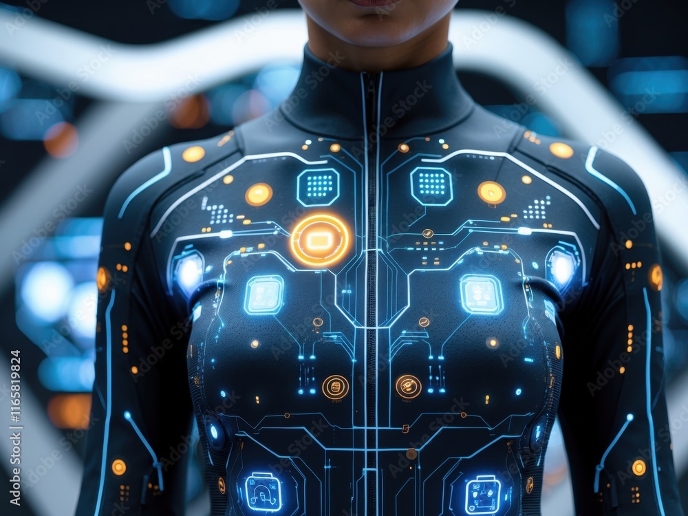 Poster futuristic body suit equipped with glowing technology displays intricate circuit patterns in a high-