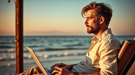 Person sits on deck of a luxurious cruise ship, his laptop open as he gazes out at panoramic view...