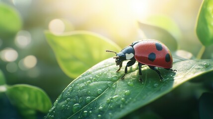Obraz premium Dewy Leaf with Crawling Insect in Soft Morning Light