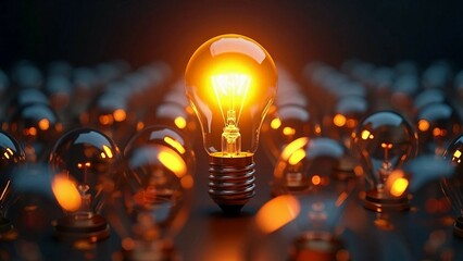 Illuminated light bulb glowing among dim bulbs