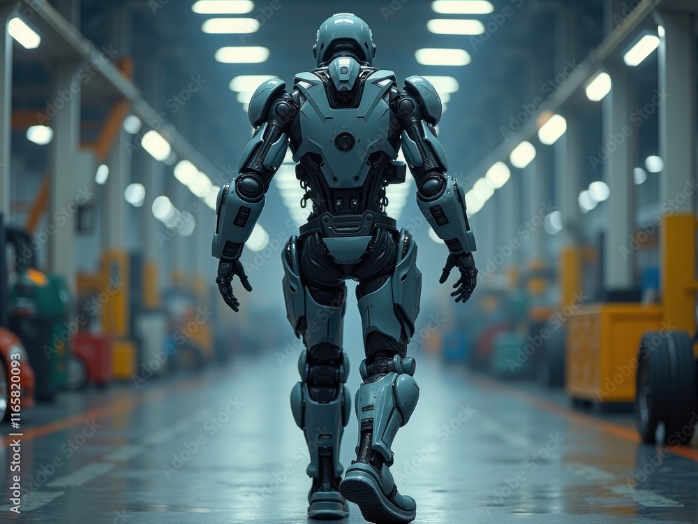Poster futuristic robot walking through a high-tech factory at dusk with advanced machinery and illuminated