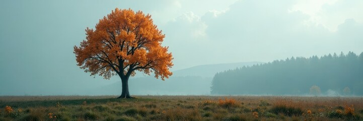 A solitary poplar tree stands alone in a misty forest, solitude, solitary, poplar tree