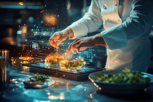 Chef skillfully prepares a dish while consulting an AI-generated recipe on a tablet, showcasing culinary creativity
