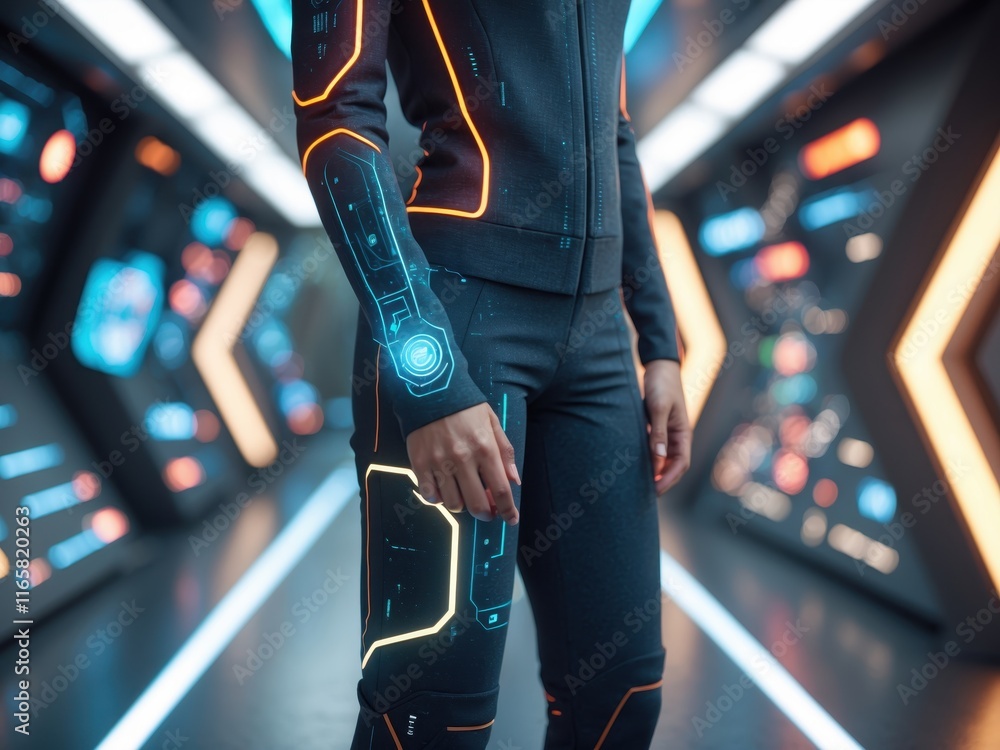 Poster futuristic attire in a high-tech corridor with glowing designs and interactive interfaces