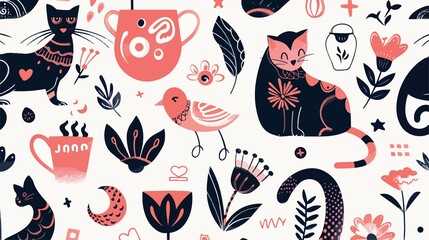 Abstract Various Elements: Cat Bird Flower Snake Cup Mosaic