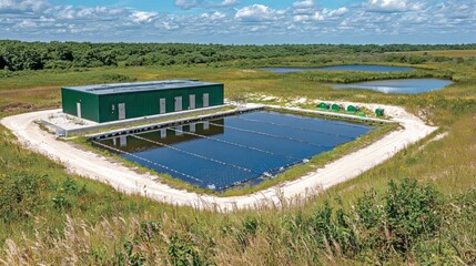 Fototapeta premium A modern facility with large water tanks surrounded by greenery and ponds.